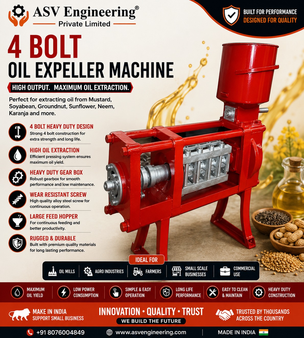 4 BOLT OIL EXPELLER MACHINE Machine with After-Sales Support | ASVR Engineering