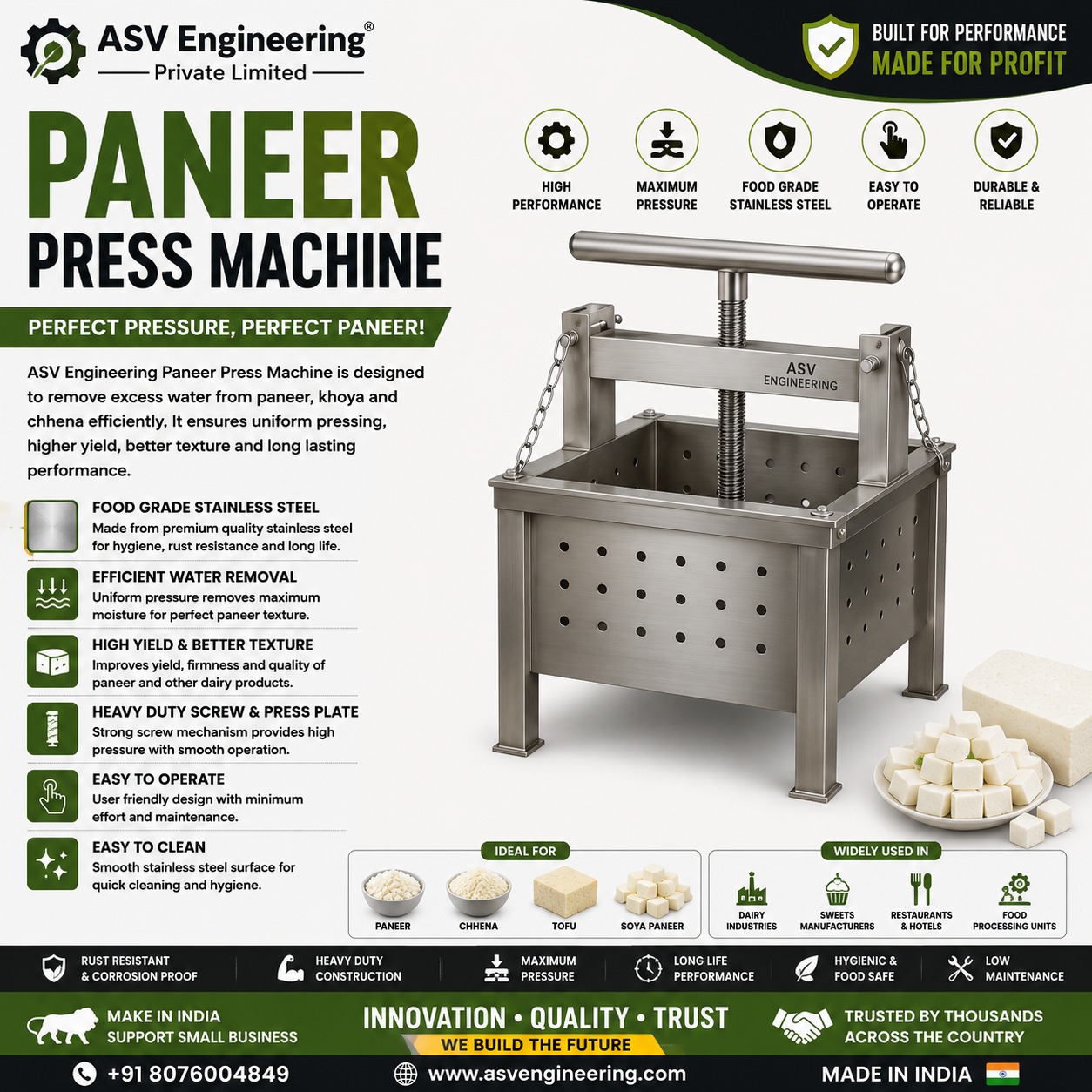 paneer press machine Machine with Long Service Life | ASVR Engineering